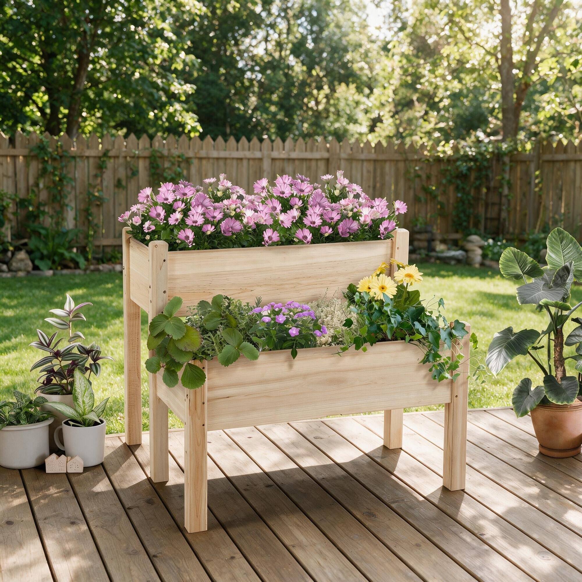 Alt View 2. RYHNUYNE - Outsunny 34"x34"x28" Two-Tier Raised Garden Bed, Solid Fir Wood Elevated Planter Box for Vegetables, Herbs, - Natural.