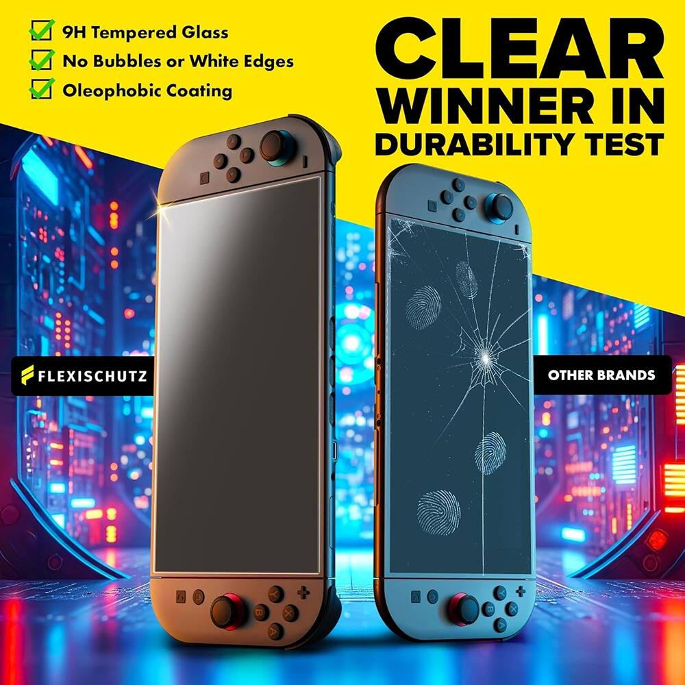 9H Tempered Glass  
No Bubbles or White Edges  
Oleophobic Coating  

CLEAR WINNER IN DURABILITY TEST  

FLEXISCHUTZ  

OTHER BRANDS