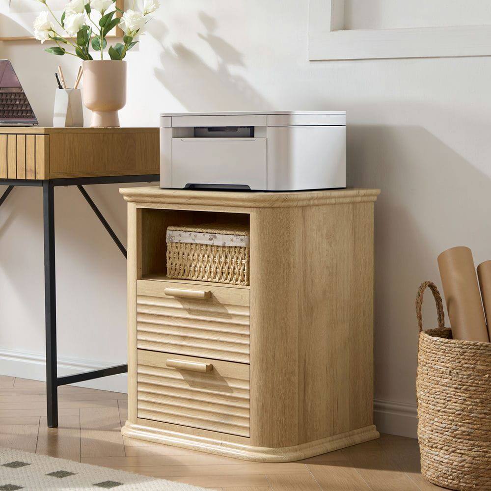 Alt View 5. Kadyn - Resenkos 22" Fluted Nightstand with Charging Station, Modern 2-Drawer End Table with Open Storage for Bedroom - Brown.