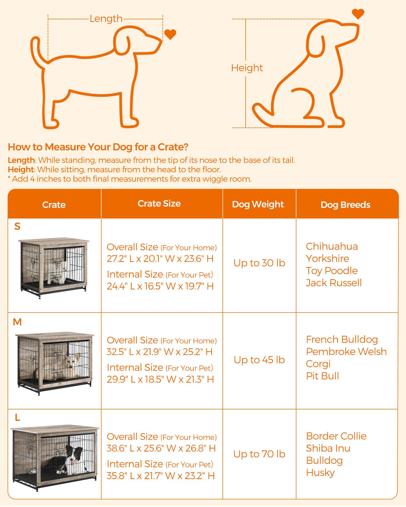 Length
Height
How to Measure Your Dog for a Crate? Length: While standing, measure from the tip of its nose to the base of its tail. Height: While sitting, measure from the head to the floor. *Add 4 inches to both final measurements for extra wiggle room.
Crate
Crate Size
Dog Weight
Dog Breeds
S
Overall Size (For Your Home) 27.2" X 20.1" W X 23.6" H Internal Size (For Your Pet) 24.4" X 16.5" W X 19.7" H
Up to 30 lb
Chihuahua Yorkshire Toy Poodle Jack Russell
M
Overall Size (For Your Home) 32.5" X 21.9" W X 25.2" H Internal Size (For Your Pet) 29.9" X 18.5" W X 21.3" H
Up to 45 lb
French Bulldog Pembroke Welsh Corgi Pit Bull
L
Overall Size (For Your Home) 38.6" X 25.6" W