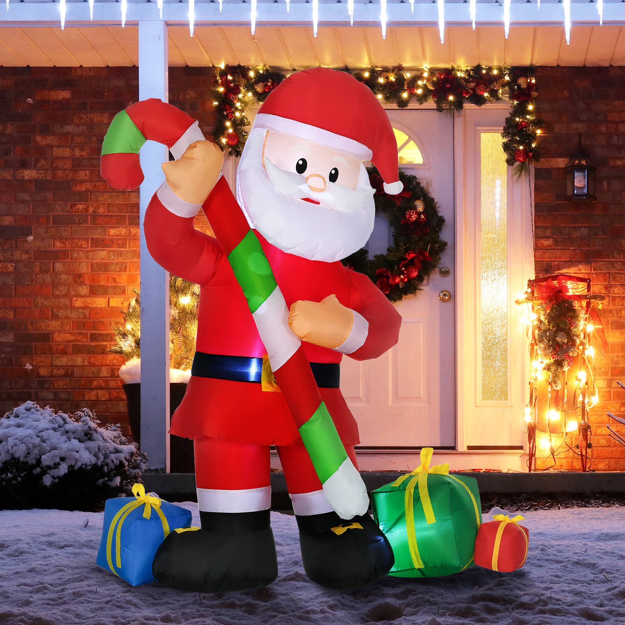 Alt View 1. Homcom - 6ft Inflatable Santa with Candy Cane, Outdoor Blow-Up LED Yard Christmas Decor - Multi-colored.