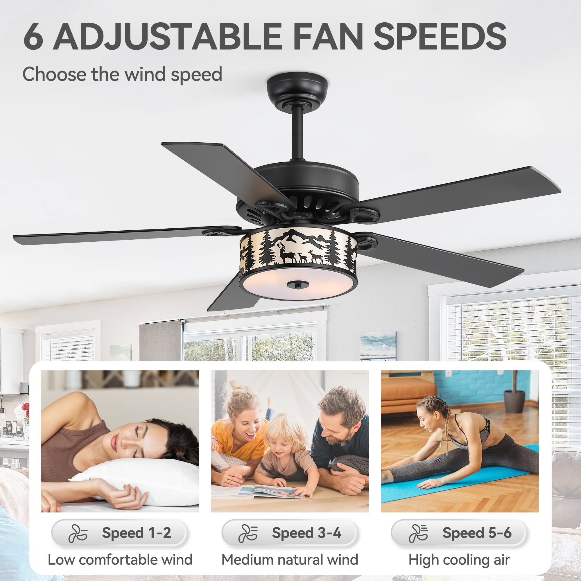 6 Adjustable Fan Speeds

Choose the wind speed

Speed 1-2: Low comfortable wind  
Speed 3-4: Medium natural wind  
Speed 5-6: High cooling air