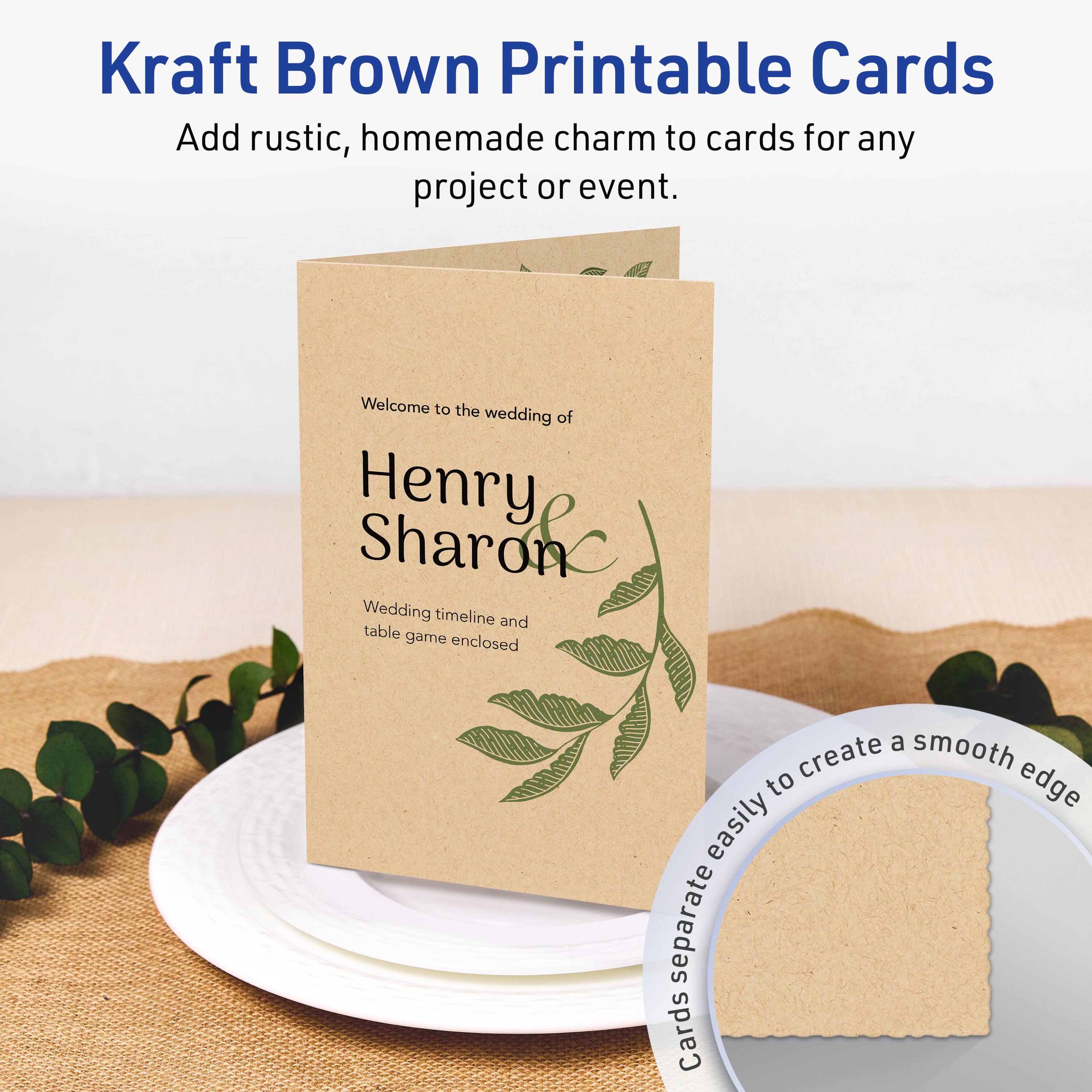 Kraft Brown Printable Cards

Add rustic, homemade charm to cards for any project or event.

Welcome to the wedding of  
Henry Sharon

Wedding timeline and table game enclosed

Cards separate easily to create a smooth edge