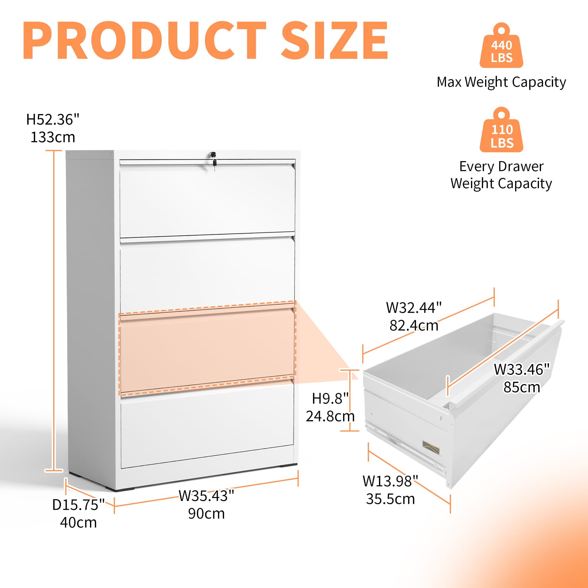 PRODUCT SIZE  
440 LBS Max Weight Capacity  
H52.36" 133cm  
110 LBS Every Drawer Weight Capacity  
W32.44" 82.4cm  
H9.8" 24.8cm  
W33.46" 85cm  
D15.75" 40cm  
W35.43" 90cm  
W13.98" 35.5cm
