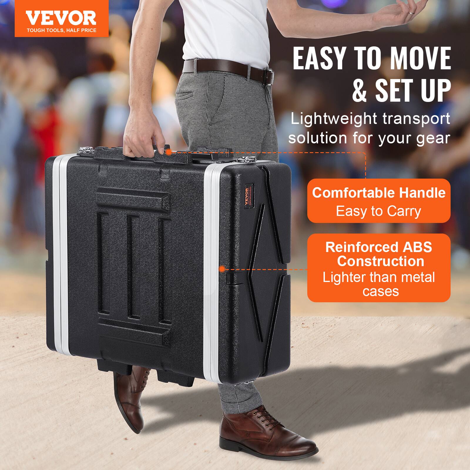 VEVOR  
TOUGH TOOLS, HALF PRICE  

EASY TO MOVE & SET UP  
Lightweight transport solution for your gear  

Comfortable Handle  
Easy to Carry  

Reinforced ABS Construction  
Lighter than metal cases
