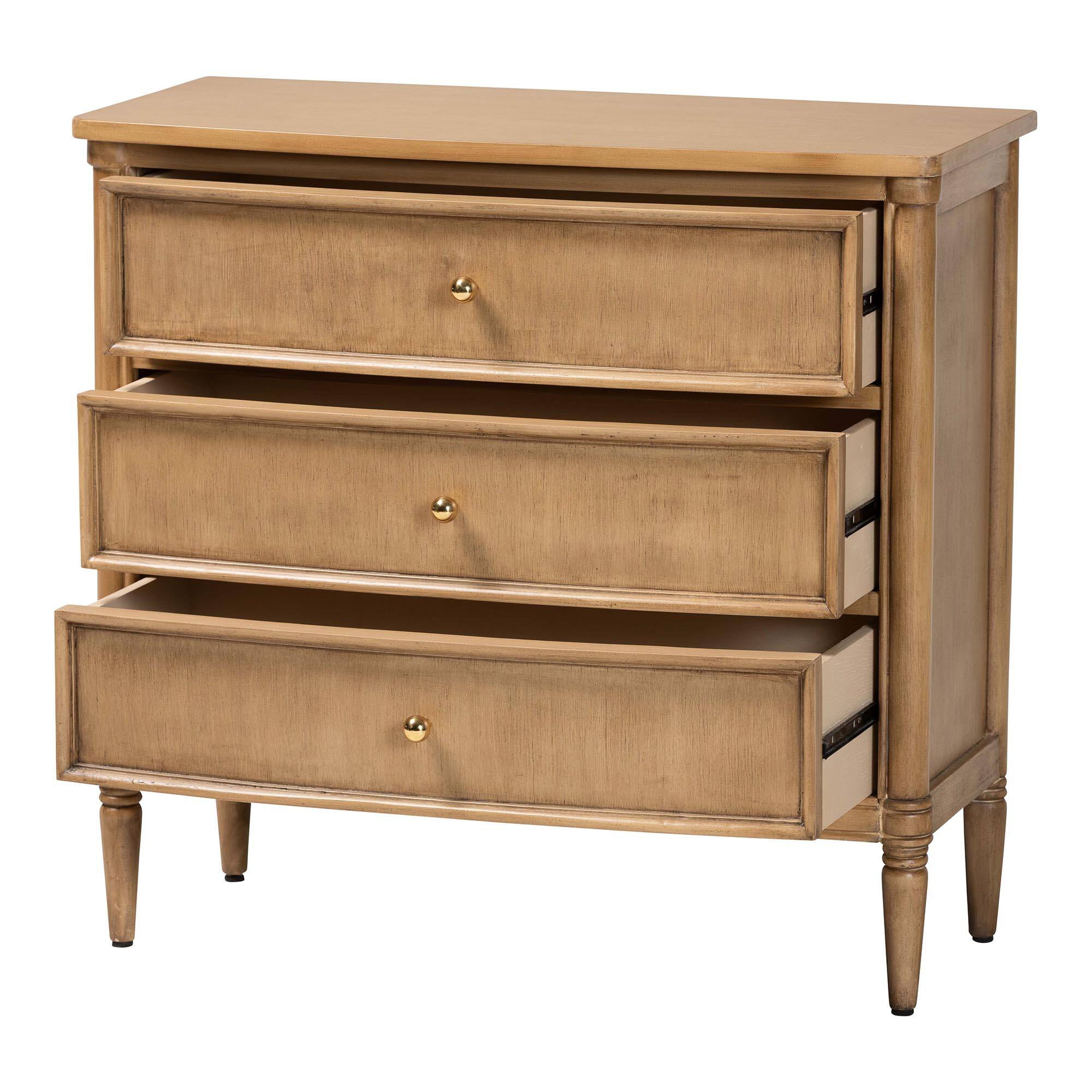 Angle. bali & pari - Karmel Chest - 3-Drawer Storage Chest with Curved Front and Tapered Legs for Bedroom - Light Oak Brown.