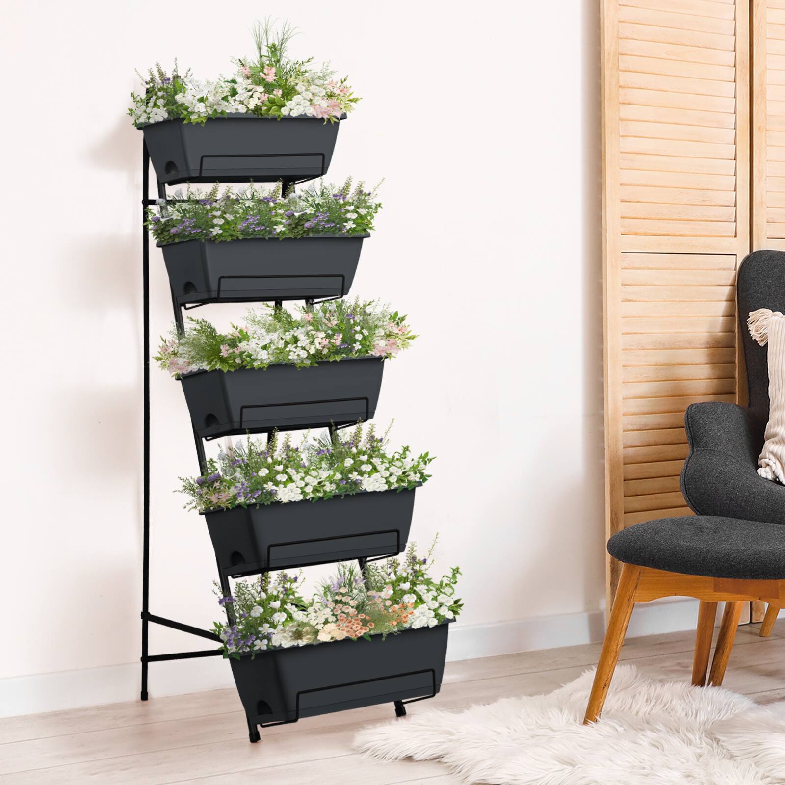 Alt View 1. Oumilen - 5-Tier Vertical Raised Garden Bed, Black Metal Plant Stand with 5 Dark Gray Planter Boxes for Patio Balcony Backyard.