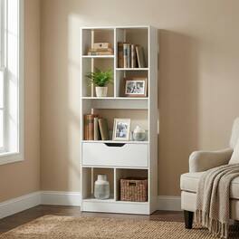 Pefilos - 51inch Tall Freestanding Bookcase with Drawer, 7-Cube Storage Organizer for Home Office, Anti-Tip Design - White