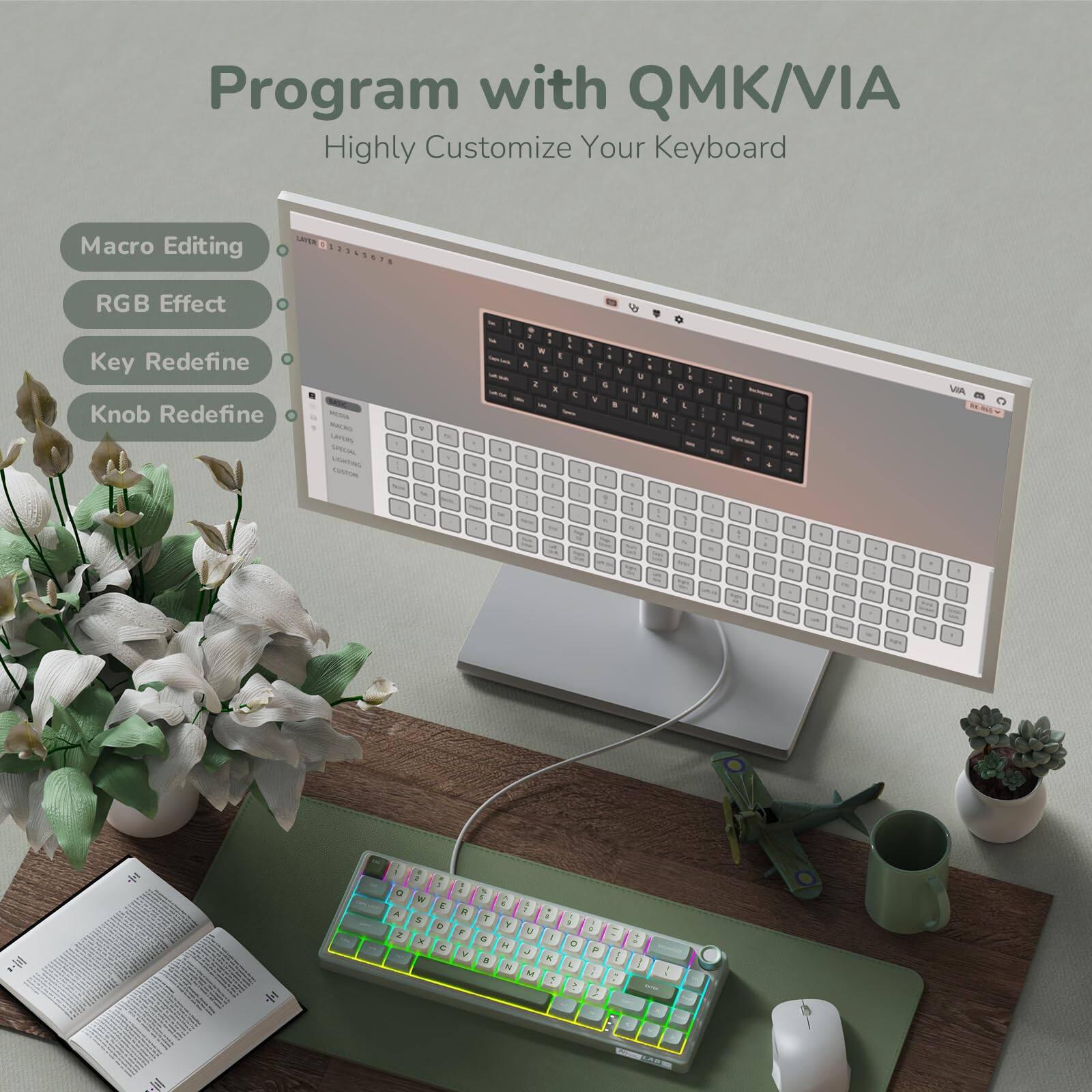 Program with QMK/VIA  
Highly Customize Your Keyboard  

Macro Editing  
RGB Effect  
Key Redefine  
Knob Redefine