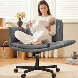 KERDOM - 4 in 1 Cross-Legged Chair with Wheels & Expandable Arms, PU Leather Wide Seat Vanity Chair, Home Office Computer Chair - Dark Gray