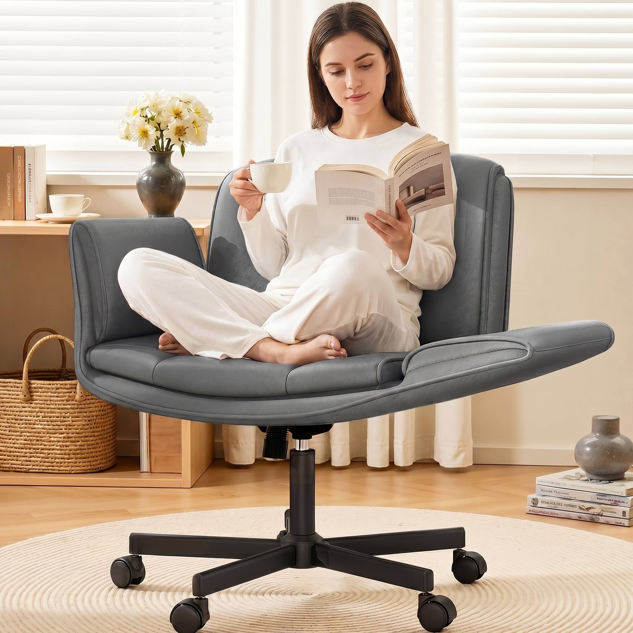 KERDOM - 4 in 1 Cross-Legged Chair with Wheels & Expandable Arms, PU Leather Wide Seat Vanity Chair, Home Office Computer Chair - Dark Gray