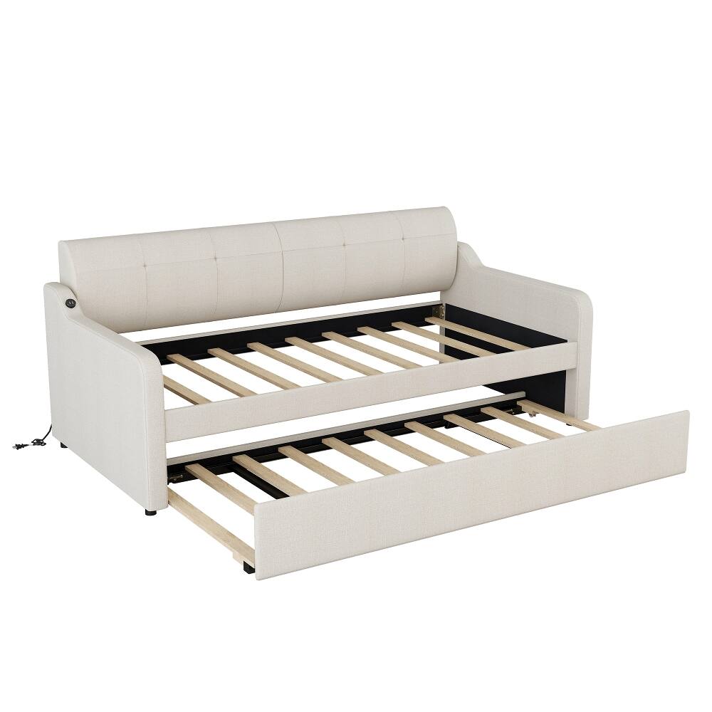 Alt View 7. Loheer - Loheer Twin Daybed with Trundle Upholstered Beige Sofa Bed USB - Beige.