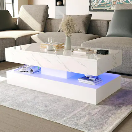 Front. Lent Glitter Wood - LED Coffee Table with 2 Storage Drawers, Modern High Gloss Black Coffee Table w/20 Colors LED Lights & APP Control, Rect - White Marbling Print.