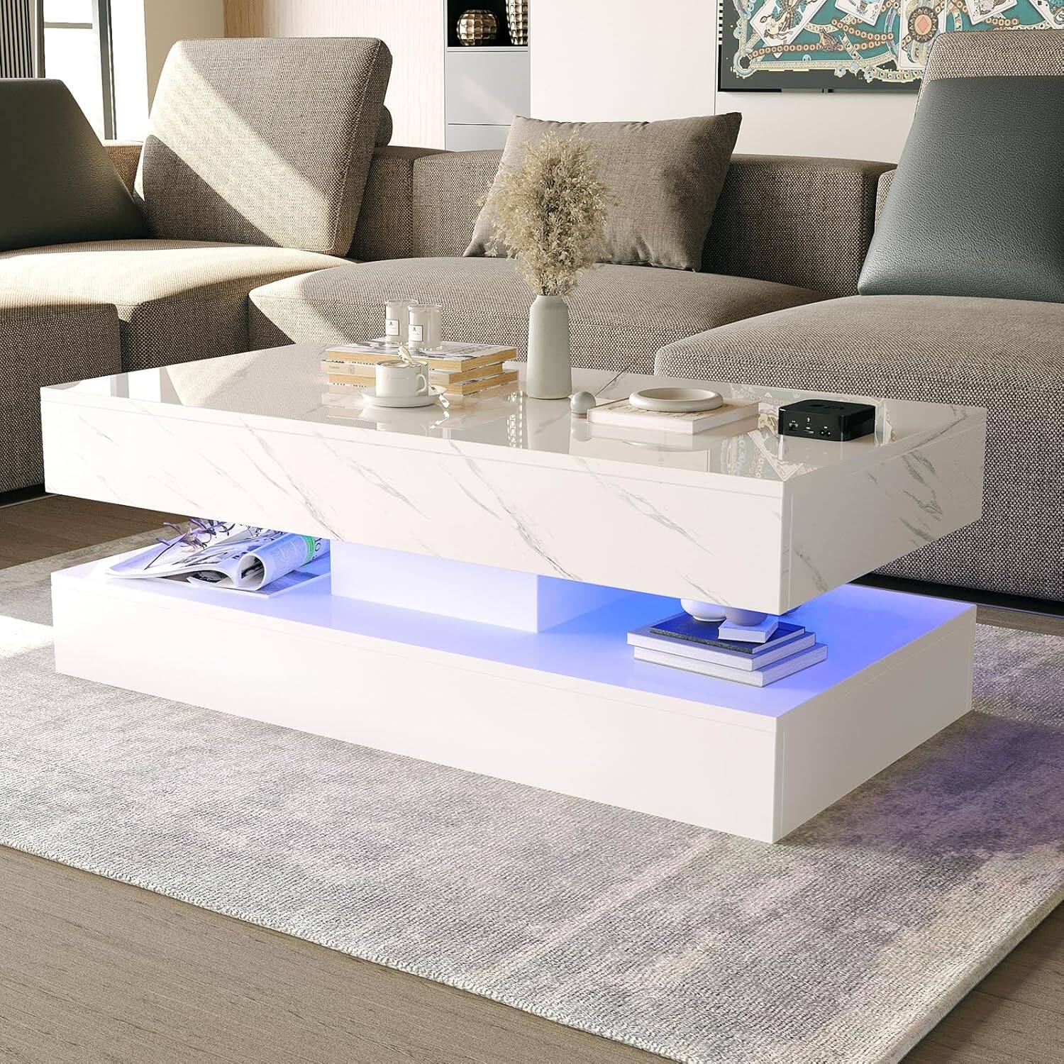 Front. Lent Glitter Wood - LED Coffee Table with 2 Storage Drawers, Modern High Gloss Black Coffee Table w/20 Colors LED Lights & APP Control, Rect - White Marbling Print.