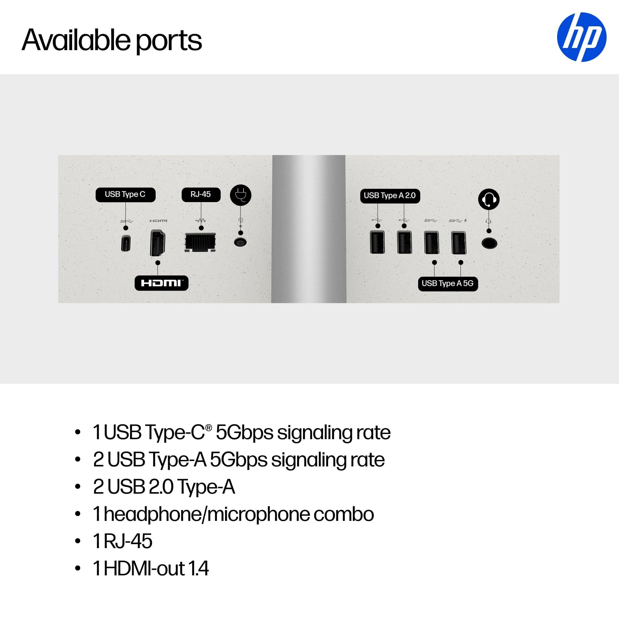 Available ports

- 1 USB Type-C® 5Gbps signaling rate
- 2 USB Type-A 5Gbps signaling rate
- 2 USB 2.0 Type-A
- 1 headphone/microphone combo
- 1 RJ-45
- 1 HDMI-out 1.4