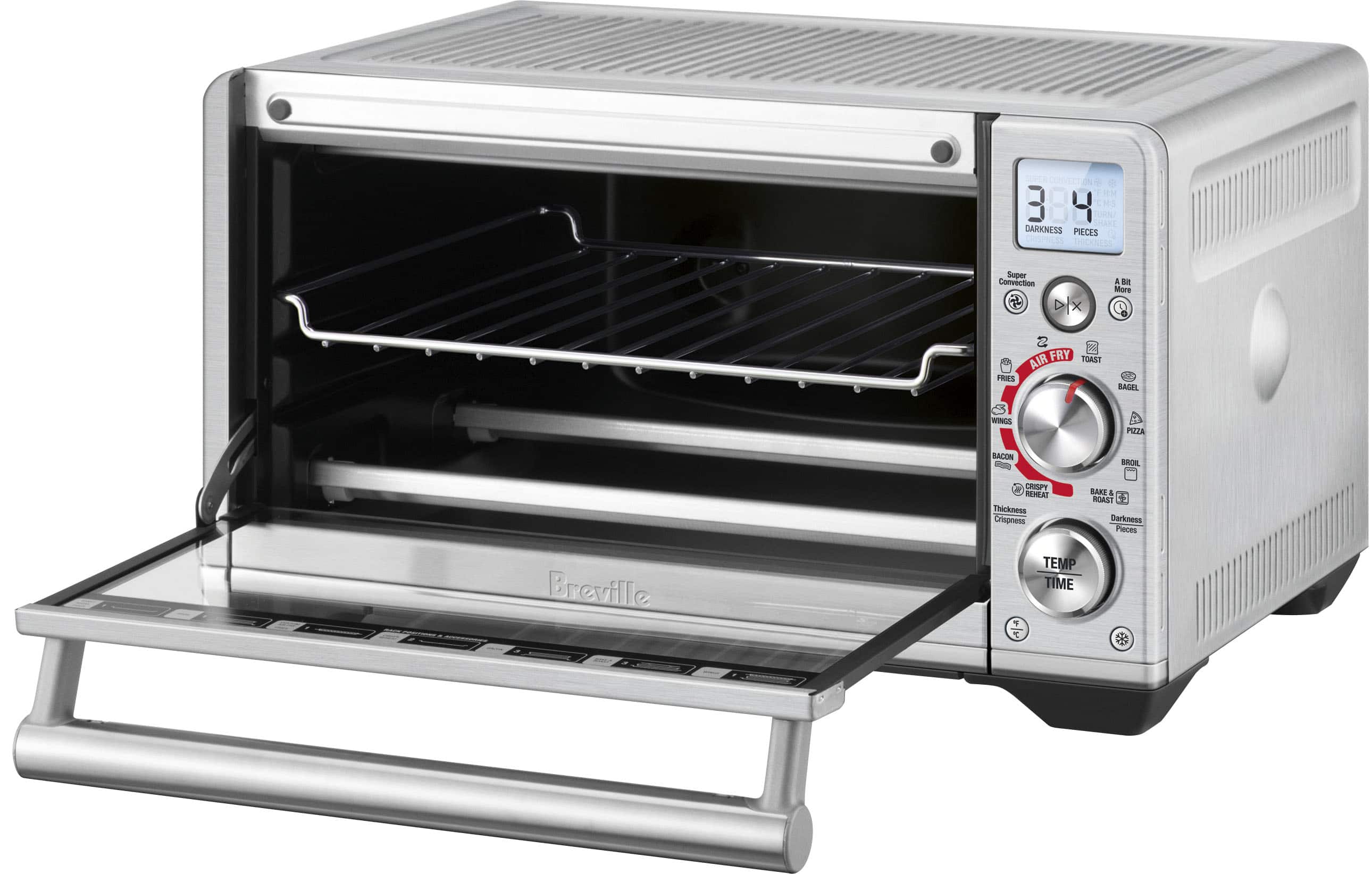 The image features a white and silver toaster oven with a digital display. The display shows the temperature and time settings, which can be adjusted to suit the user's preferences. The oven is designed to provide even heat distribution and convection cooking, making it suitable for various cooking tasks such as toasting, baking, and air frying. The oven's interior is visible, with a rack for placing food items. The oven's design and features make it a versatile and convenient appliance for any kitchen.