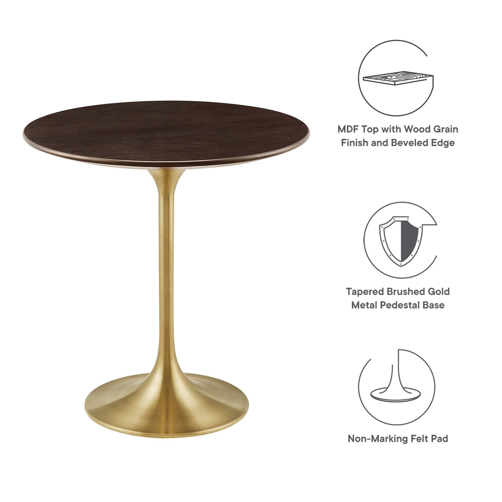 MDF Top with Wood Grain Finish and Beveled Edge  
Tapered Brushed Gold Metal Pedestal Base  
Non-Marking Felt Pad