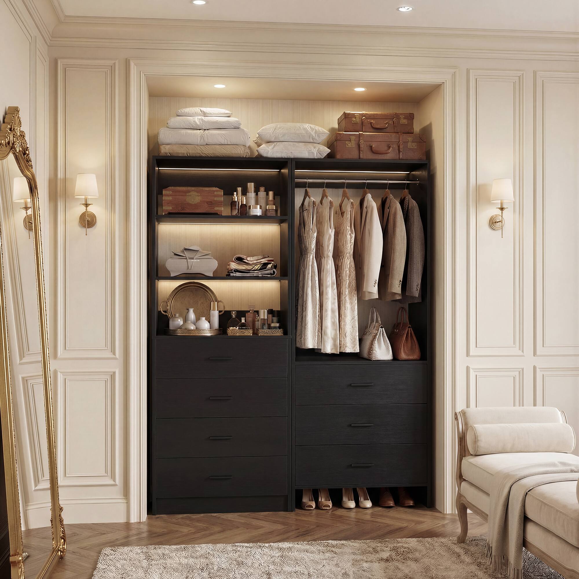 Back. Aheaplus - 45''  Closet Organizer System Set of 2 - with 7 Drawers, Hanging Rod and Adjustable Shelf - Black.