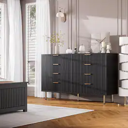 Qeetex - Fluted 8 Drawer Dresser, 54" Wide Modern Chest with Deep Drawers, Double Dresser TV Stand for Living Room, Bedroom - Black