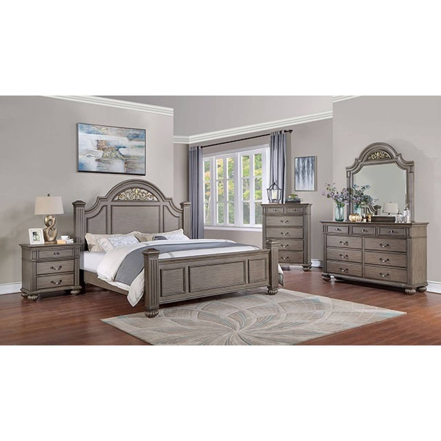 Alt View 2. Tiramisubest - King Size Gray Panel Bed with Floral Headboard, Solid Wood, 93x82x67, 150 lbs - Gray.