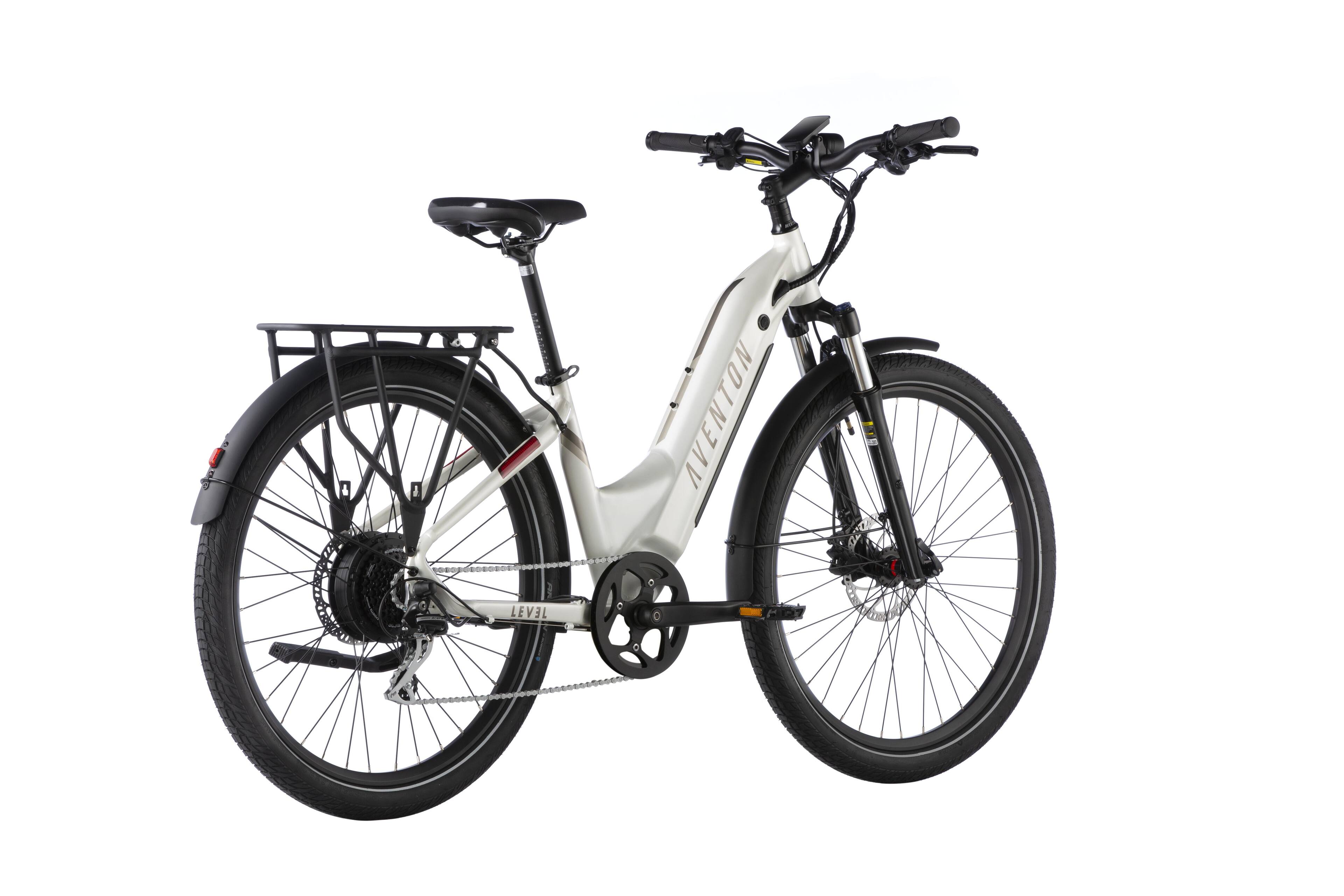 Left. Aventon - Level.2 Commuter Step-Through eBike w/ up to 60 miles Max Operating Range and 28 MPH Max Speed - Polar White.