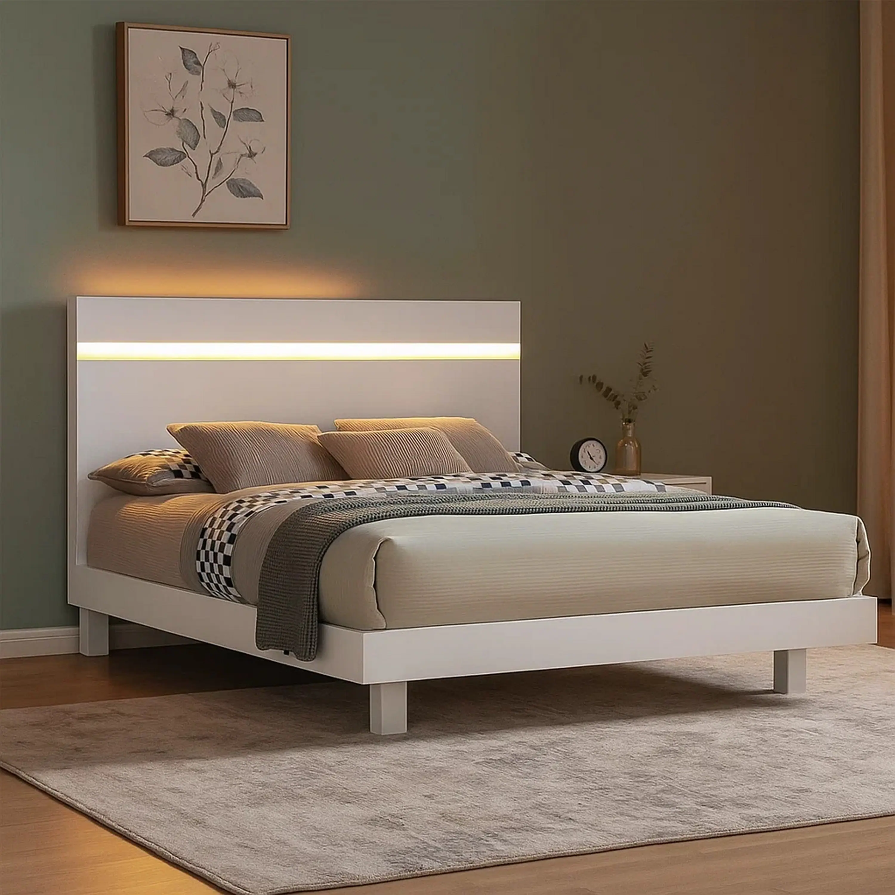 Alt View 5. Manhattan Lane - Yoki Queen Size Bed w Underbed LED, Acrylic Gold Trim, White Frame - White, Gold.