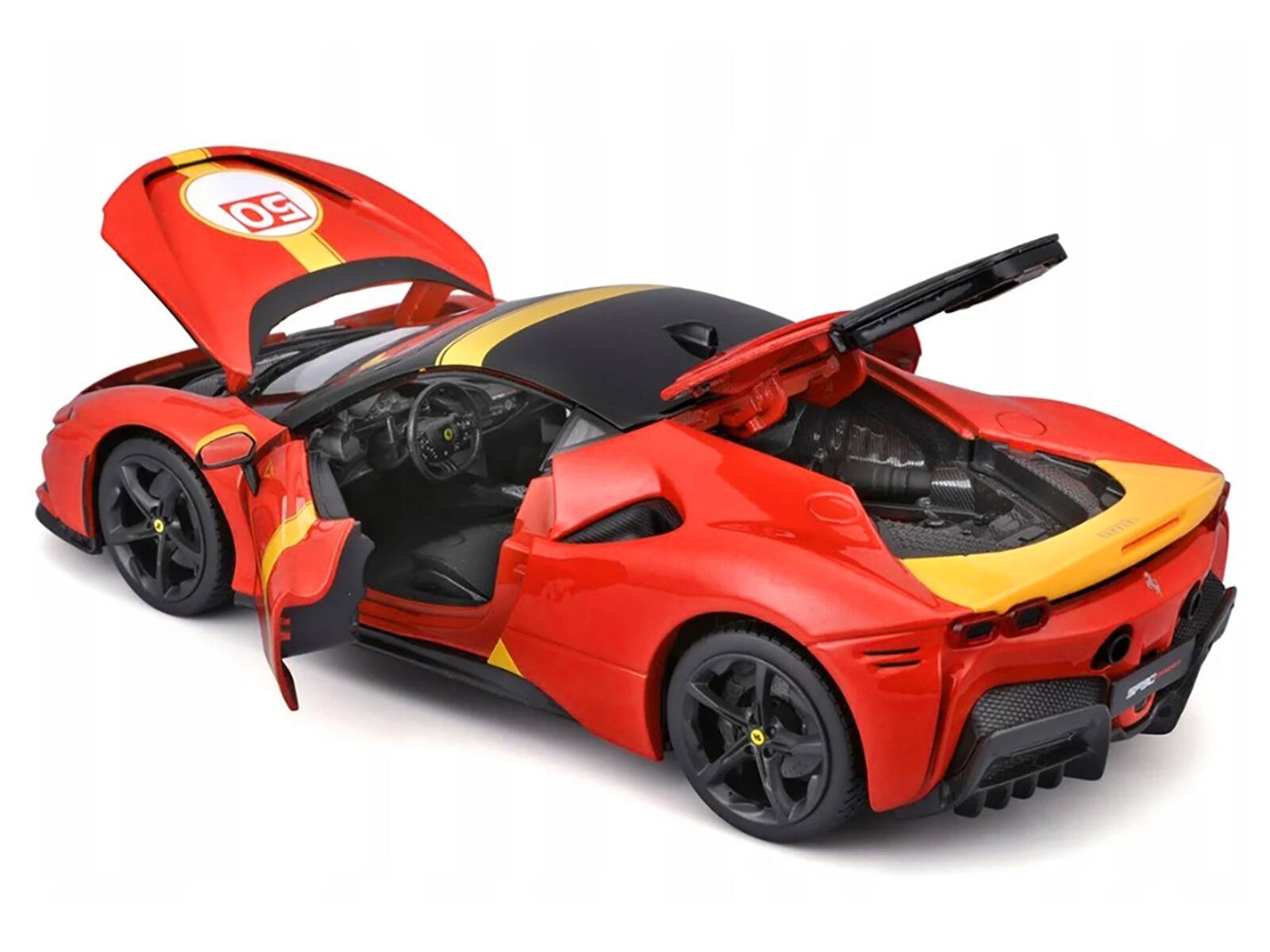 Back. Bburago - Ferrari SF90 Stradale Assetto Fiorano #50 Red with Black Top and Yellow Stripes "Race + Play" Series 1/18 Diecast - Multicolor.