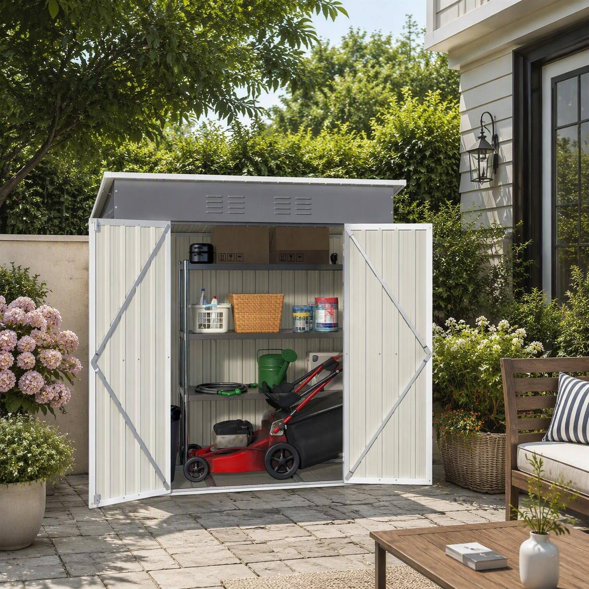 Left. RYHNUYNE - 6x4 ft Steel Shed Lockable Door Tall Entry Weatherproof Garden Cabinet Pet House - Gray.