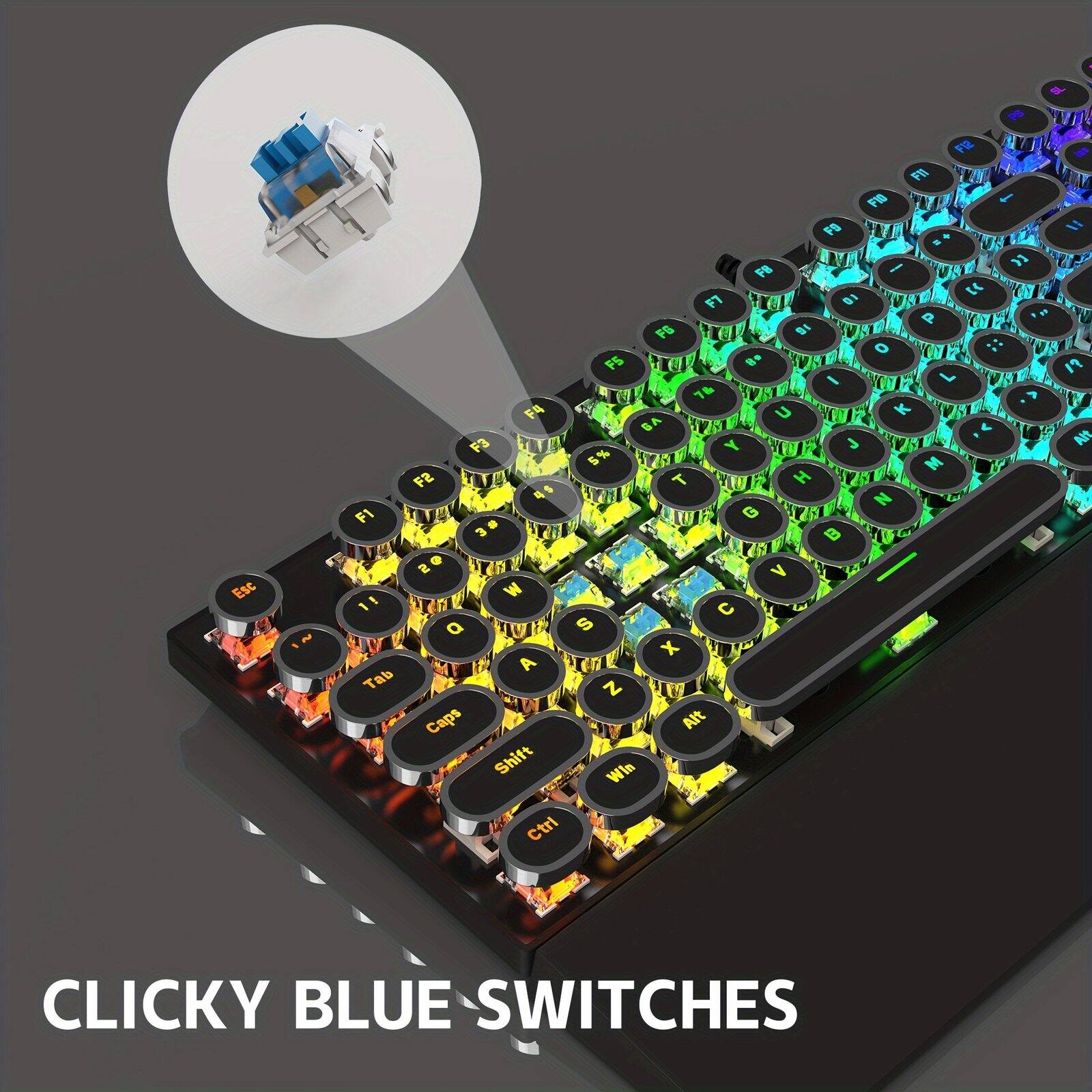 Esc  
2  
F1 il Tab  
F12 F11 F10 F9 + F8 I 01 F7 P F6 16 O F5 80 I 7 7& F4 U K GA F3 Y J 5% M F2 T H 4$ N G 3 8  OS  W  a S X A Z Caps Alt Shift Win Ctrl  
SL PS  t =  ,,, il ^ Alt  
CLICKY BLUE SWITCHES