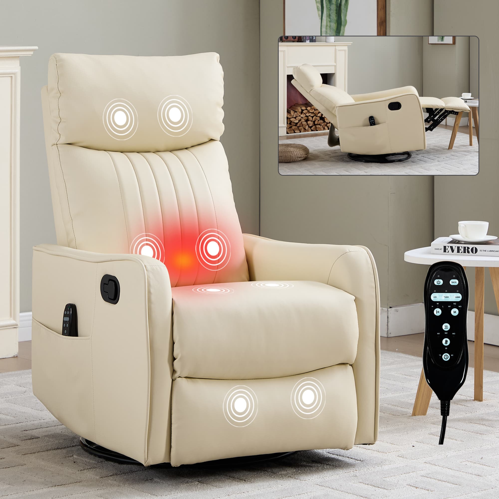 PexFix - Heat Massage Manual Recliner Chair with Rocker and Swivel in Faux Leather for Living Room - Beige