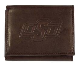 Rico Industries - Oklahoma State Cowboys Embossed Trifold Wallet - Soft Dark Brown Leather - with Worn Distressed Look - Multi