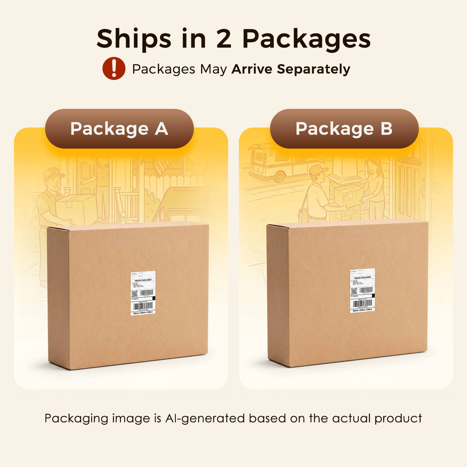 Ships in 2 Packages!  
Packages May Arrive Separately  

Package A  
Package B  

Packaging image is AI-generated based on the actual product