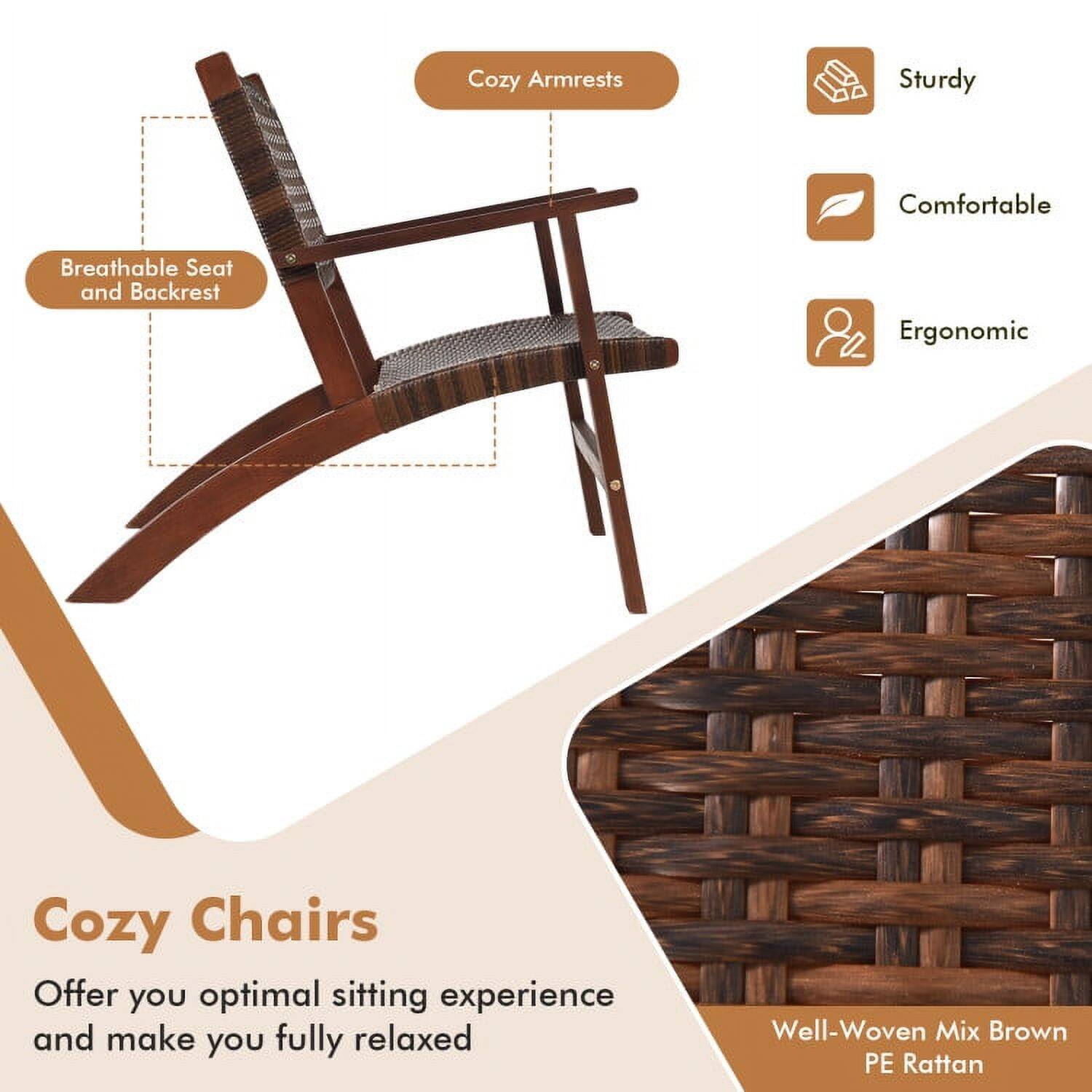 Cozy Armrests  
Sturdy  
Comfortable  
Breathable Seat and Backrest  
Ergonomic  

Cozy Chairs  
Offer you optimal sitting experience and make you fully relaxed  

Well-Woven Mix Brown PE Rattan