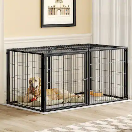 Front. Runesay - Black 63.7" Large Indoor Dog Pet Cage Dog Kennel for Medium Dogs Puppy Dog Playpen with Top.