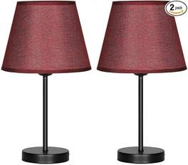 Oumilen - Set of 2 Dark Red Table Lamps, 15.4" Modern Bedside Lamps with Fabric Shade for Bedroom Girls Room Dorm