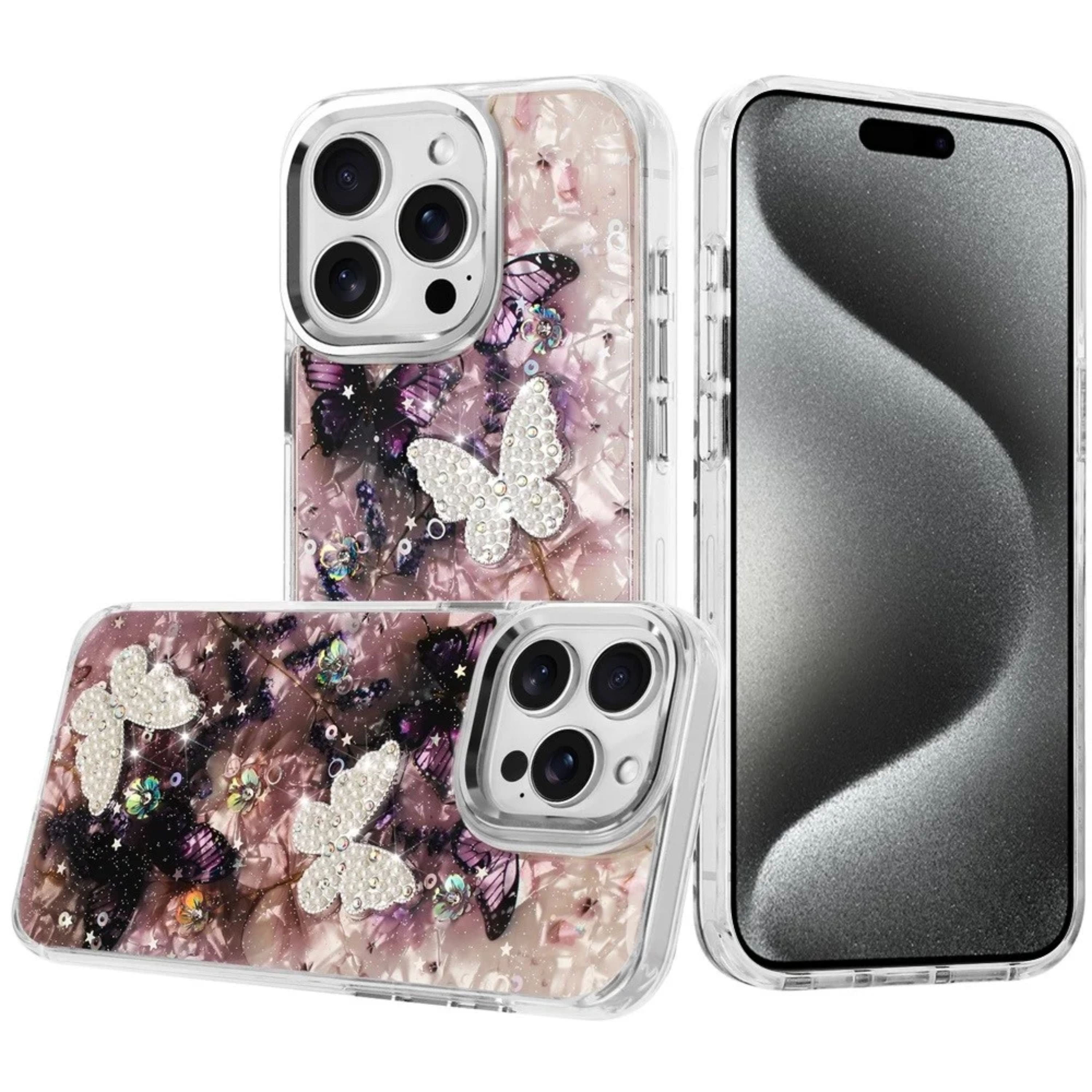 Kitcheniva - Epoxy 3D Beaded Butterfly Glitter Case With Tempered Glass For iPhone 15 Pro Max 5 - Multicolor