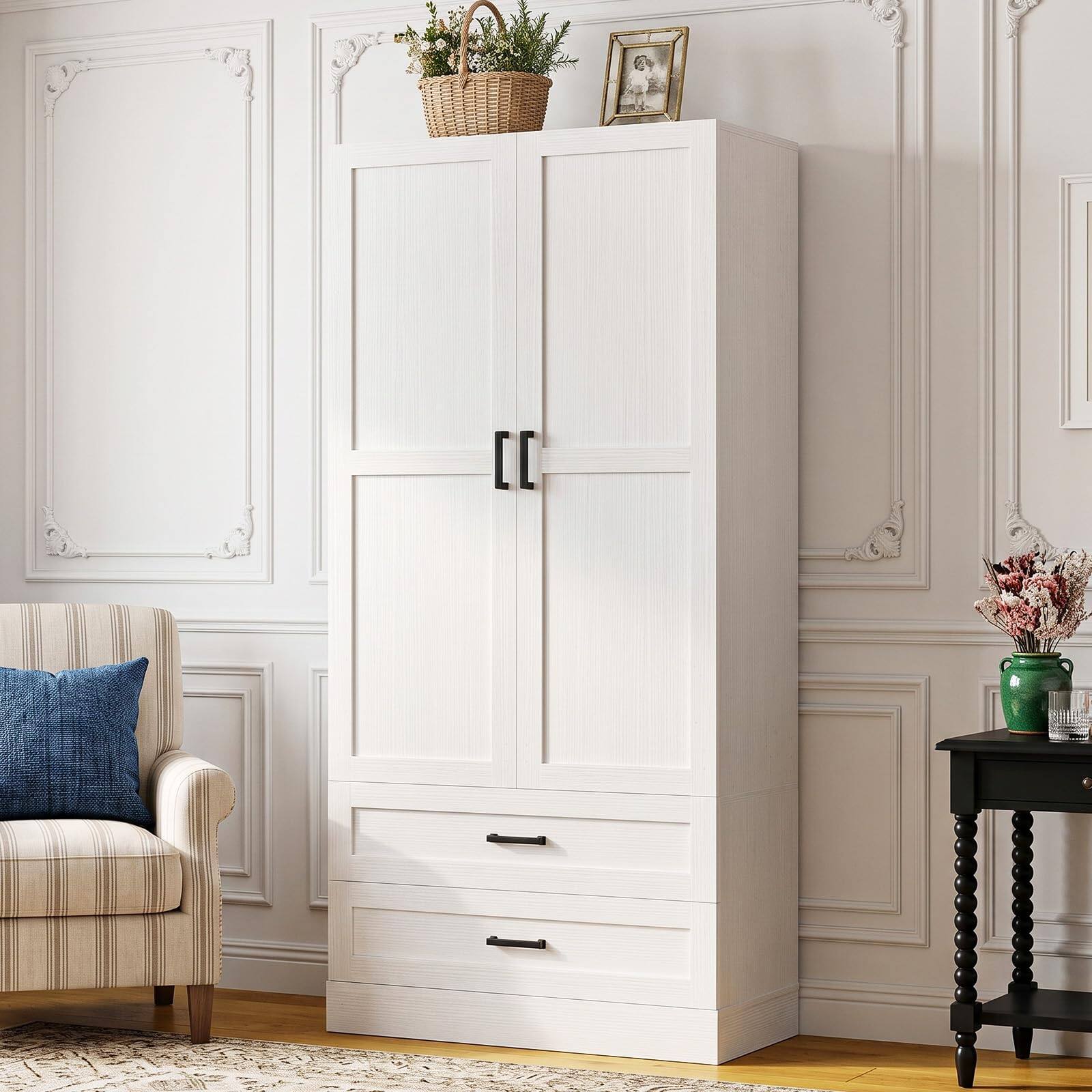 Left. Aheaplus - 71" Tall Freestanding Pantry Cabinet with Pull-Out Shelves & Drawers - Farmhouse Style,Ships in 2 packages - White.