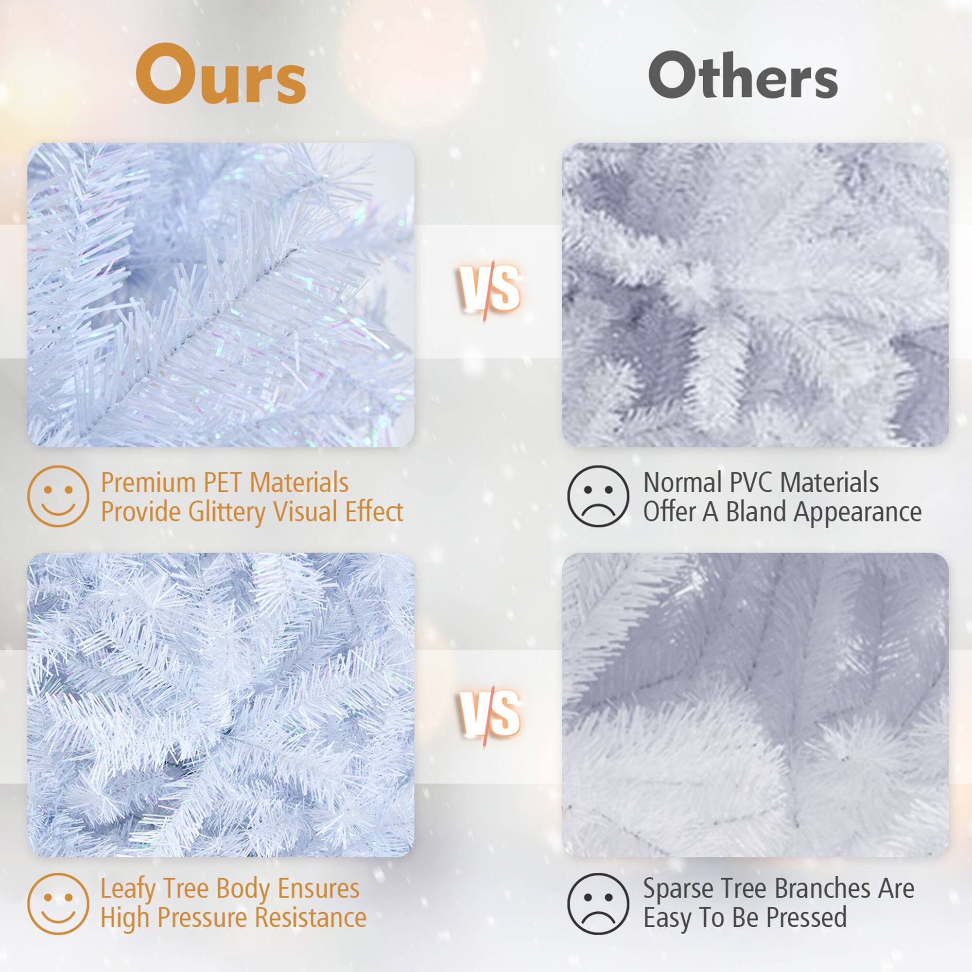 **Ours**

- Premium PET Materials Provide Glittery Visual Effect
- Leafy Tree Body Ensures High Pressure Resistance

**Others**

- Normal PVC Materials Offer A Bland Appearance
- Sparse Tree Branches Are Easy To Be Pressed