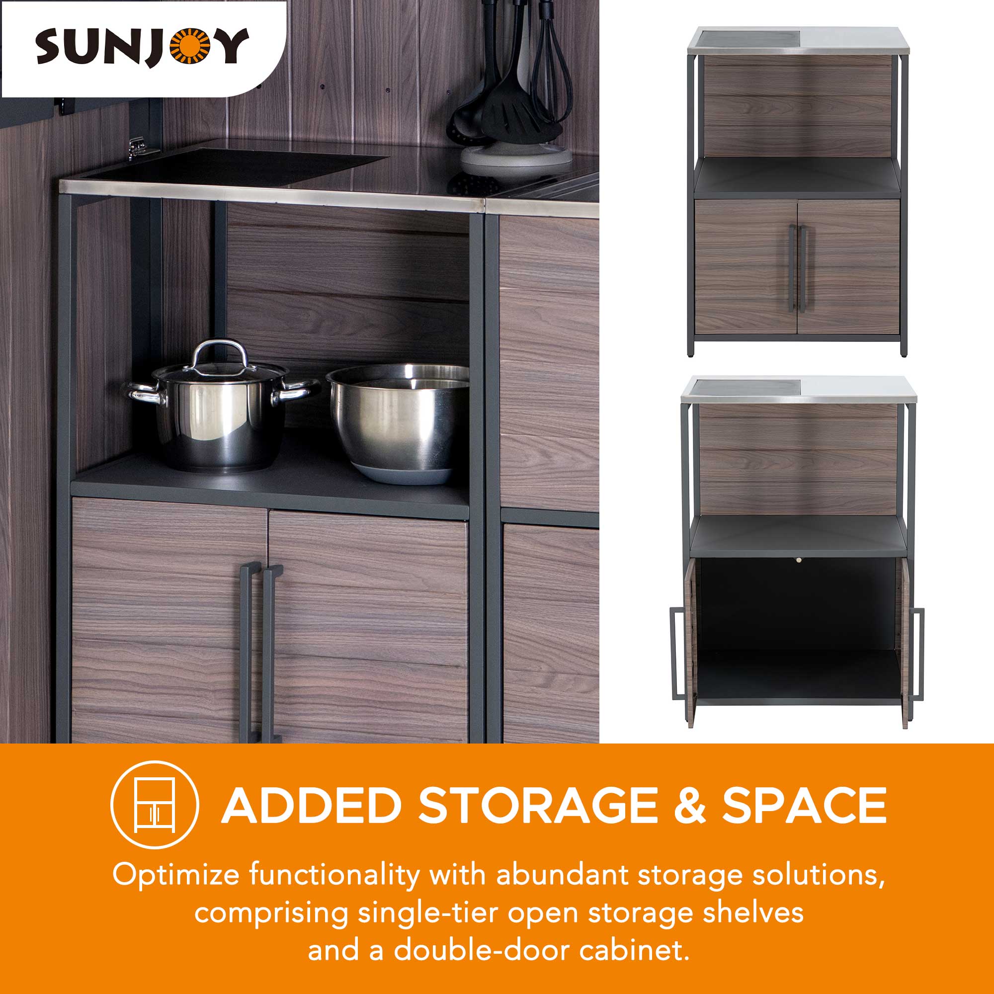 SUNJOY

**ADDED STORAGE & SPACE**

Optimize functionality with abundant storage solutions, comprising single-tier open storage shelves and a double-door cabinet.