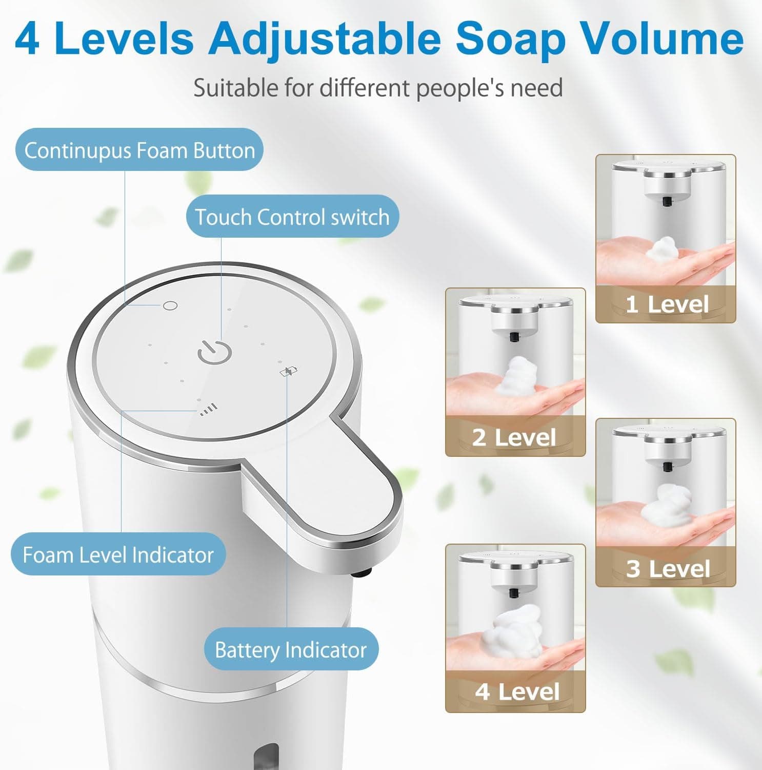 4 Levels Adjustable Soap Volume  
Suitable for different people's need  

Continuus Foam Button  
Touch Control switch  
Foam Level Indicator  
Battery Indicator  

1 Level  
2 Level  
3 Level  
4 Level