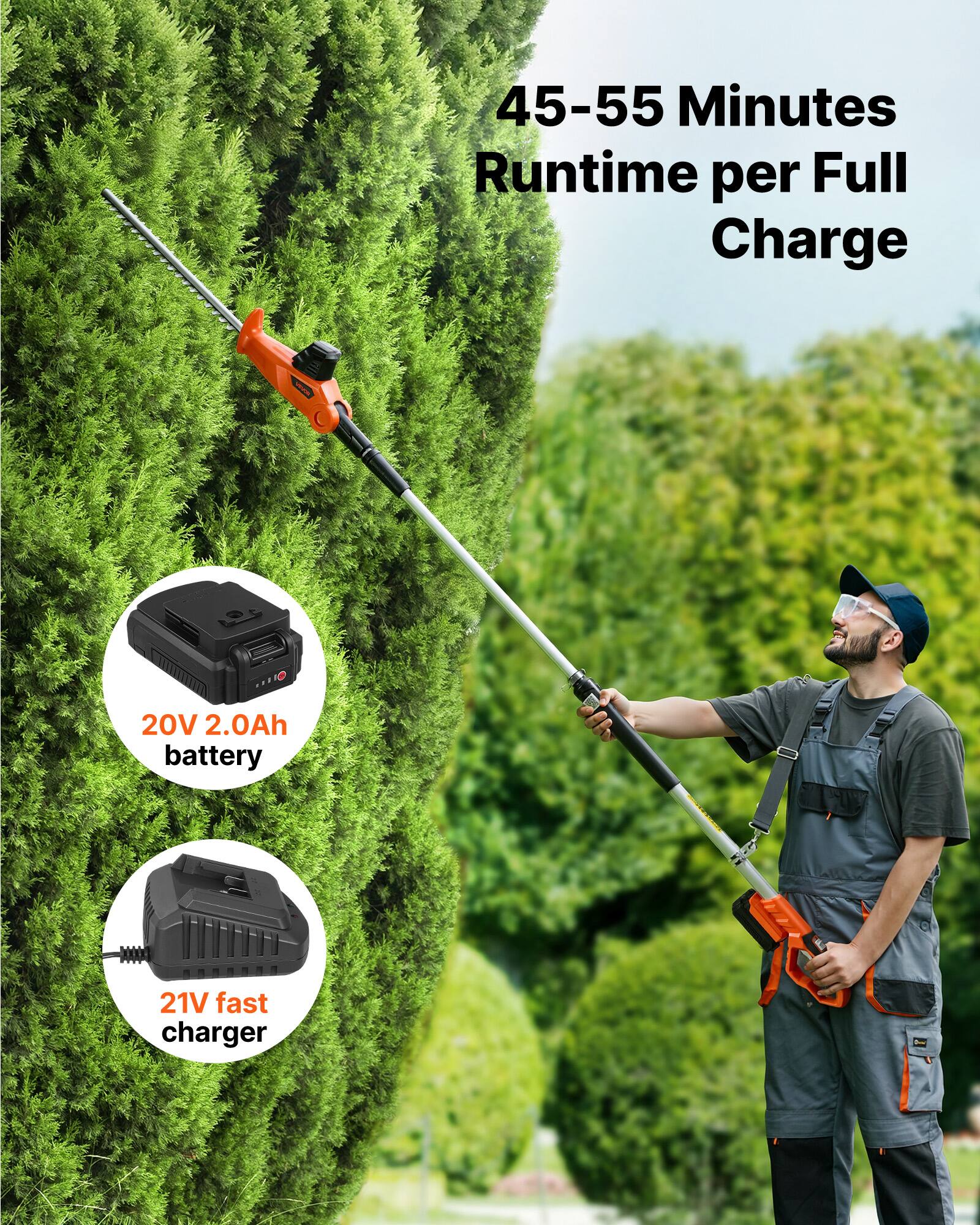 45-55 Minutes Runtime per Full Charge  
20V 2.0Ah battery  
21V fast charger