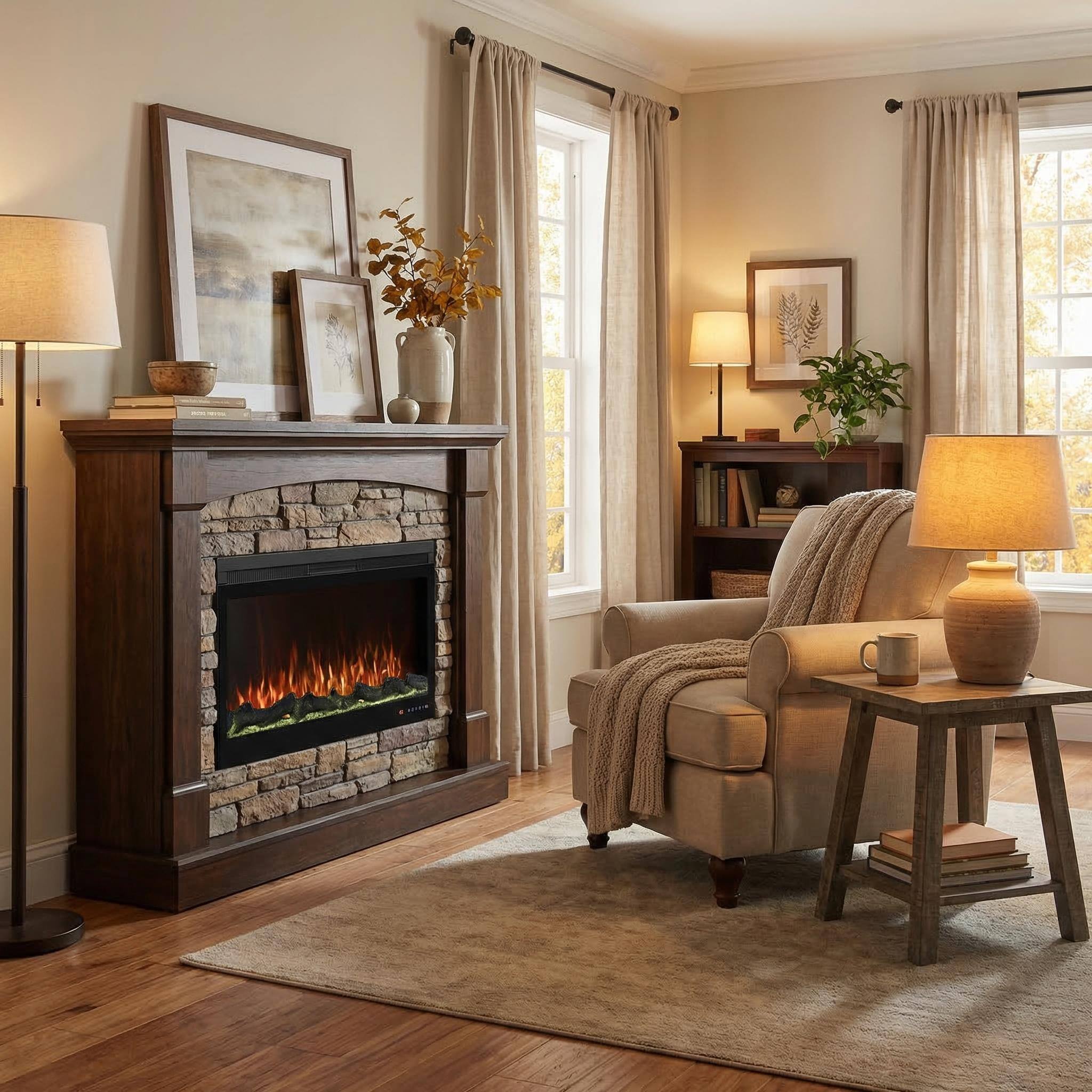 Left. Mondawe - 42" Linear Recessed-in Electric Fireplace with Remote Control, Adjustable Heat & Timer - Black.