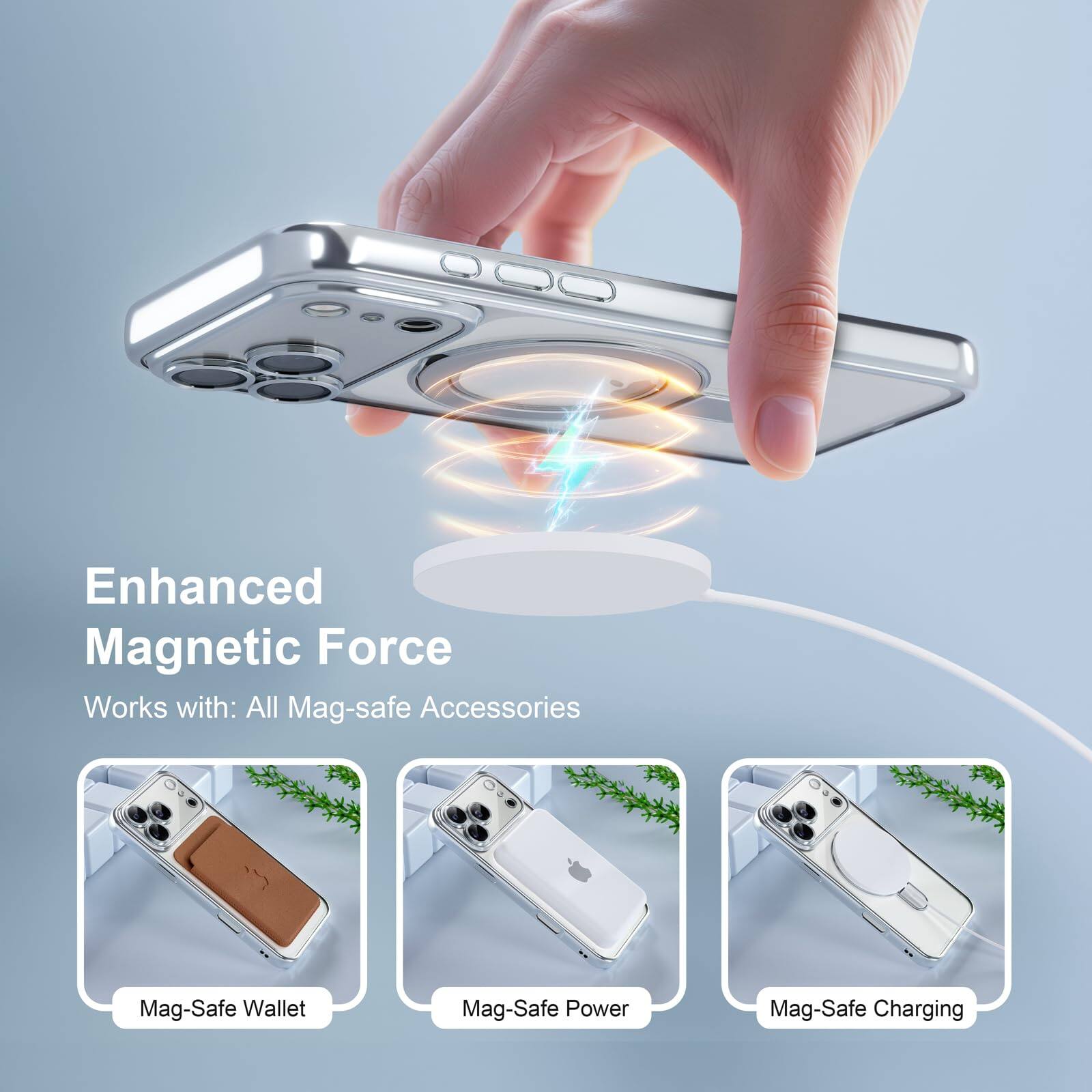Enhanced Magnetic Force  
Works with: All Mag-safe Accessories  

Mag-Safe Wallet  
Mag-Safe Power  
Mag-Safe Charging