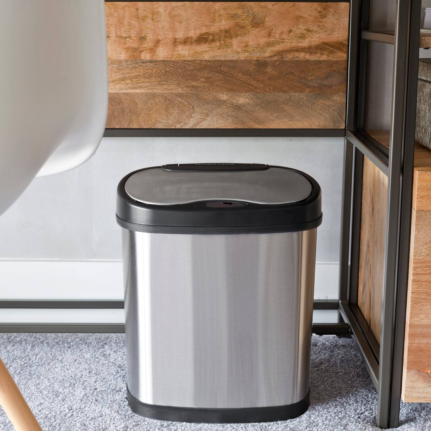 Back. Nine Stars - Oval Motion Sensor Trash Can 3.2 Gallon.