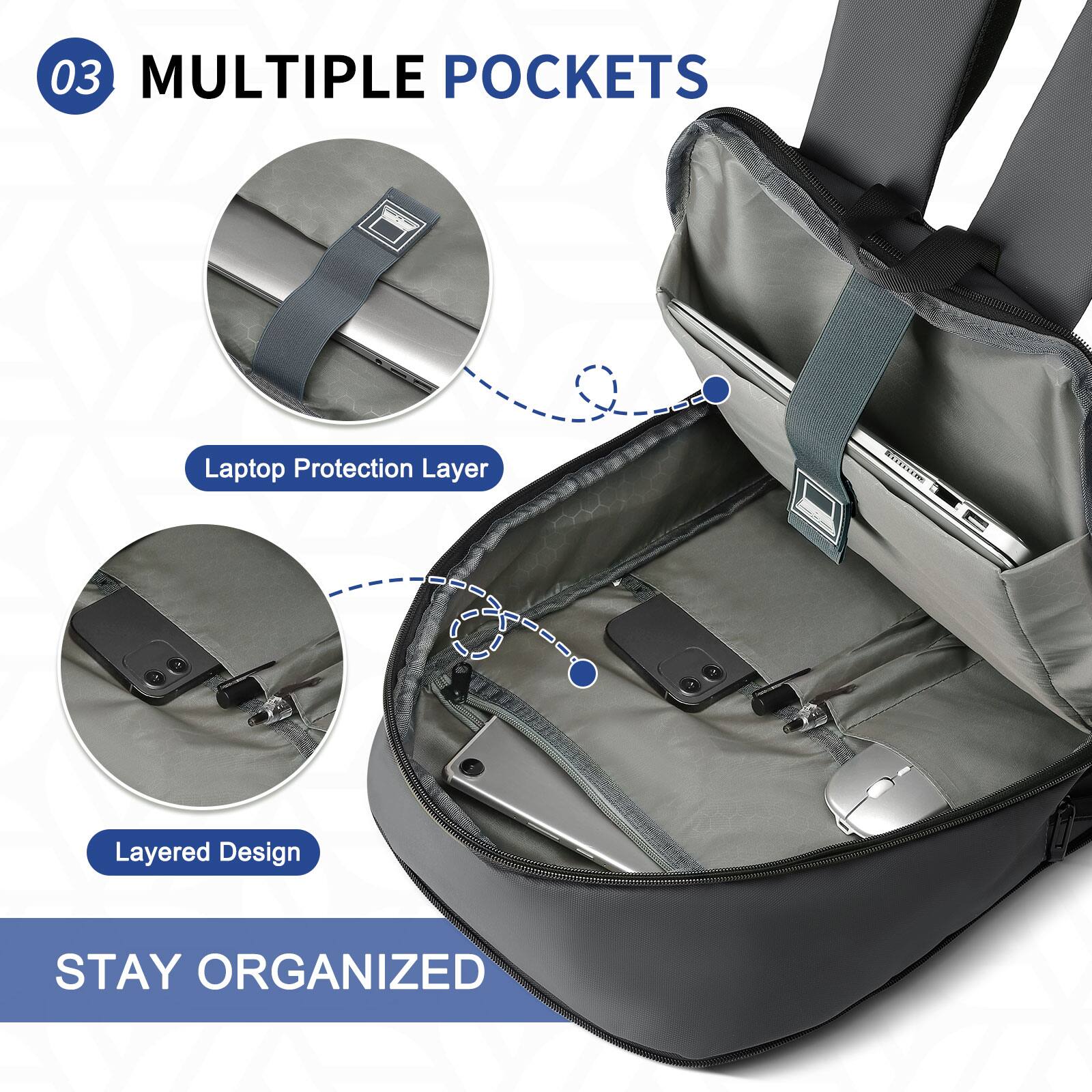 03 MULTIPLE POCKETS  
Laptop Protection Layer  
Layered Design  
STAY ORGANIZED