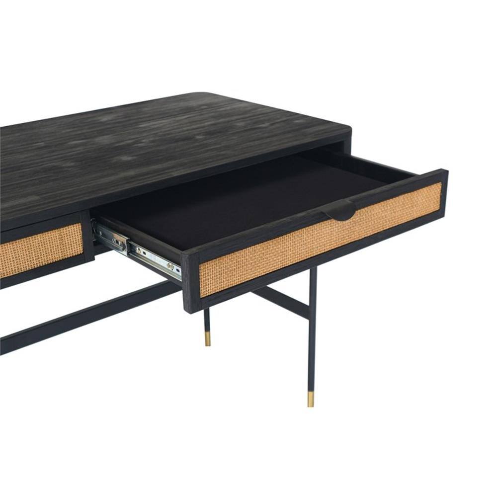 Alt View 3. Armen Living - Saratoga 2 Drawer Desk in Black Acacia with Rattan - Black.