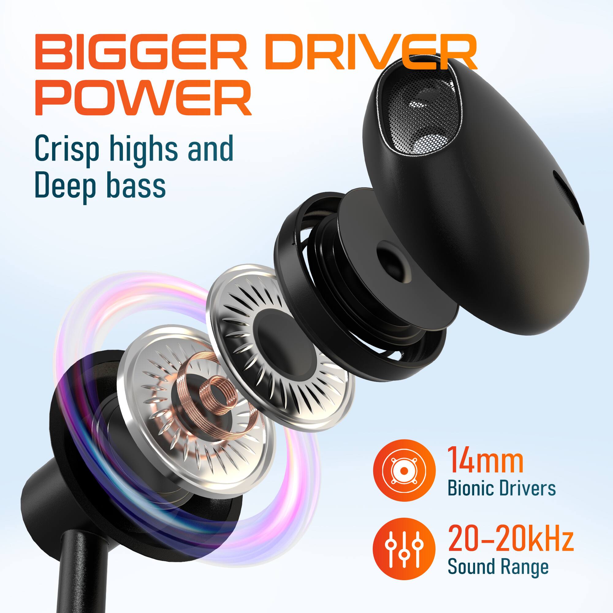 BIGGER DRIVER POWER  
Crisp highs and Deep bass  

14mm Bionic Drivers  
20-20kHz Sound Range