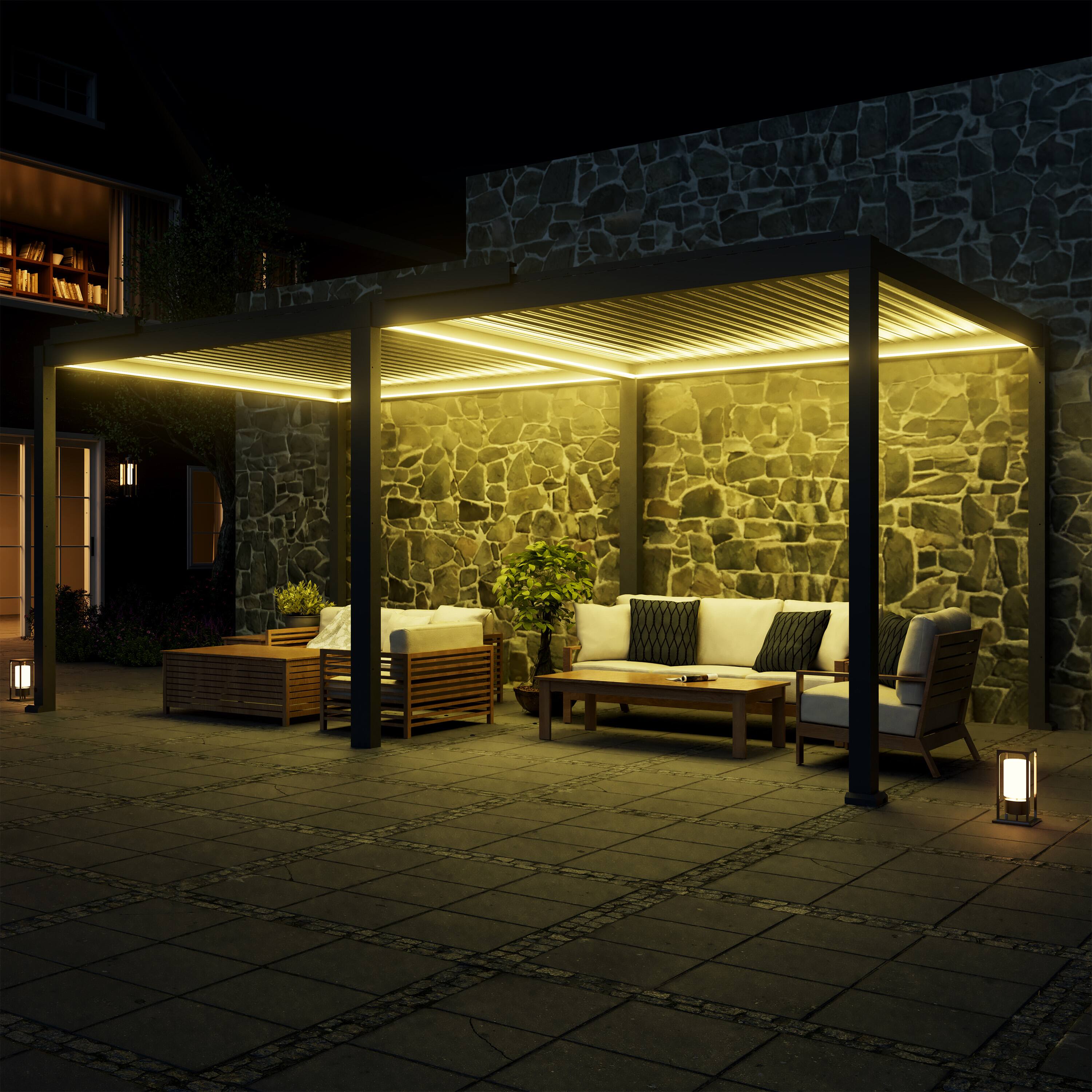 Angle. Mondawe - 10x20FT Electric Aluminum Louver Pergola with Integrated LED Lights and Smart Solar Rain Sensor - Gray.