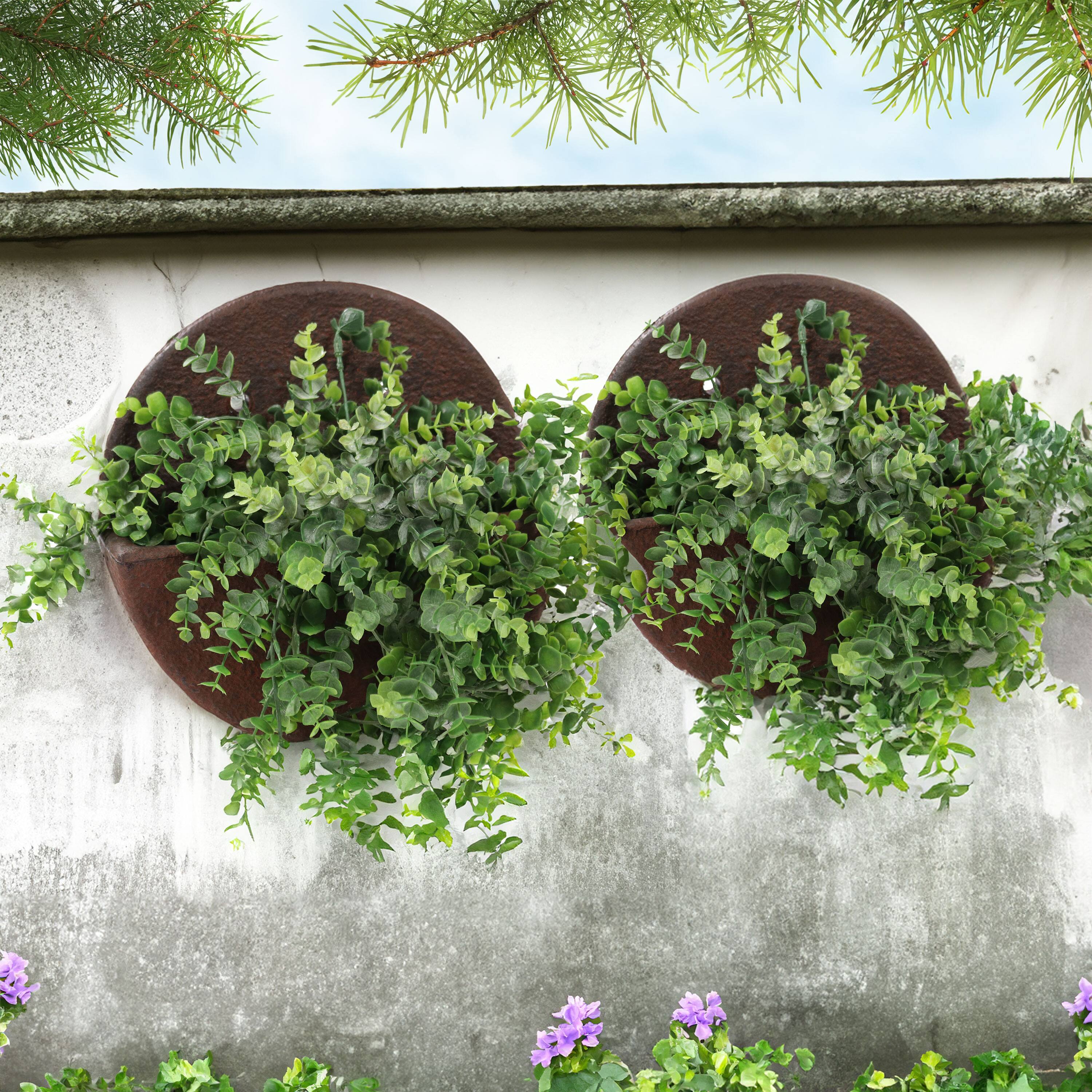 Alt View 1. Sunnydaze - 12 in Round Wall-Mounted Outdoor Planter - Set of 2 - Dark Brown.