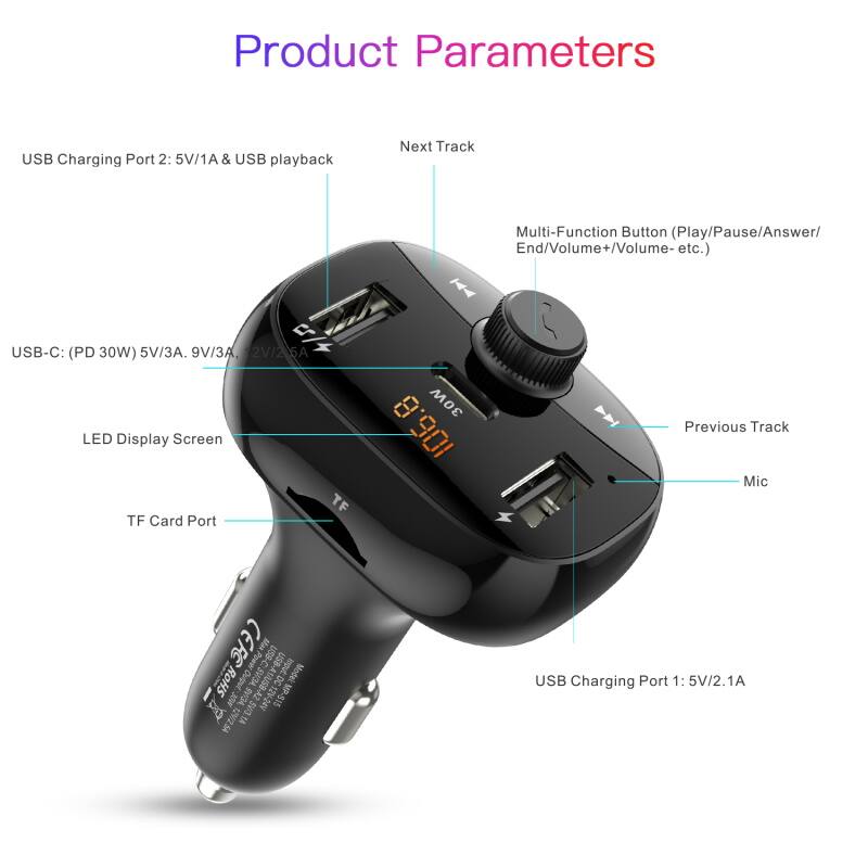 USB Charging Port 2: 5V/1A & USB playback

Next Track

USB-C: (PD 30W) 5V/3A. 9V/3A, 2V/2.6A

LED Display Screen

TF Card Port

Multi-Function Button (Play/Pause/Answer/ End/Volume+/Volume- etc.)

Previous Track

Mic

USB Charging Port 1: 5V/2.1A